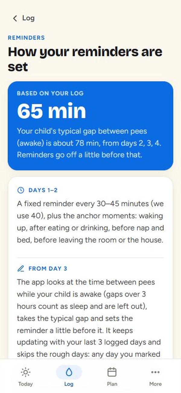 Reminder screen showing an interval based on the log