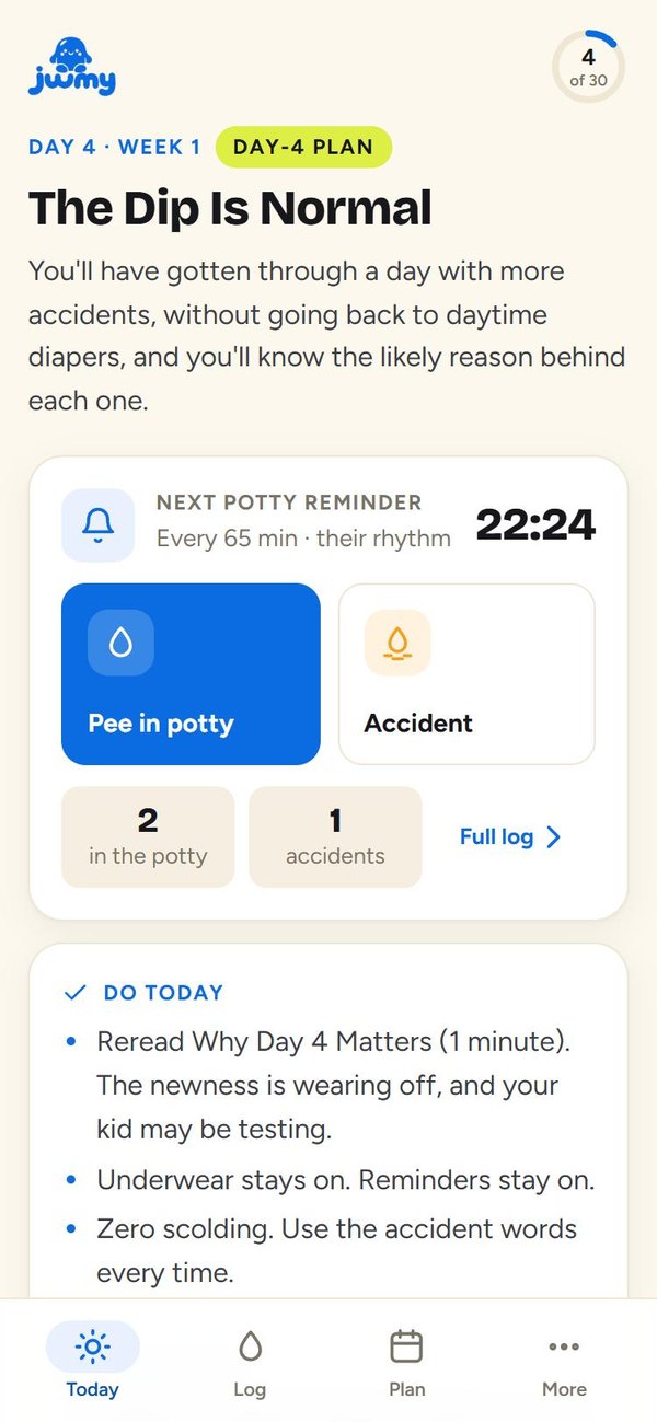 Today screen on day 4 with the next reminder and the day card